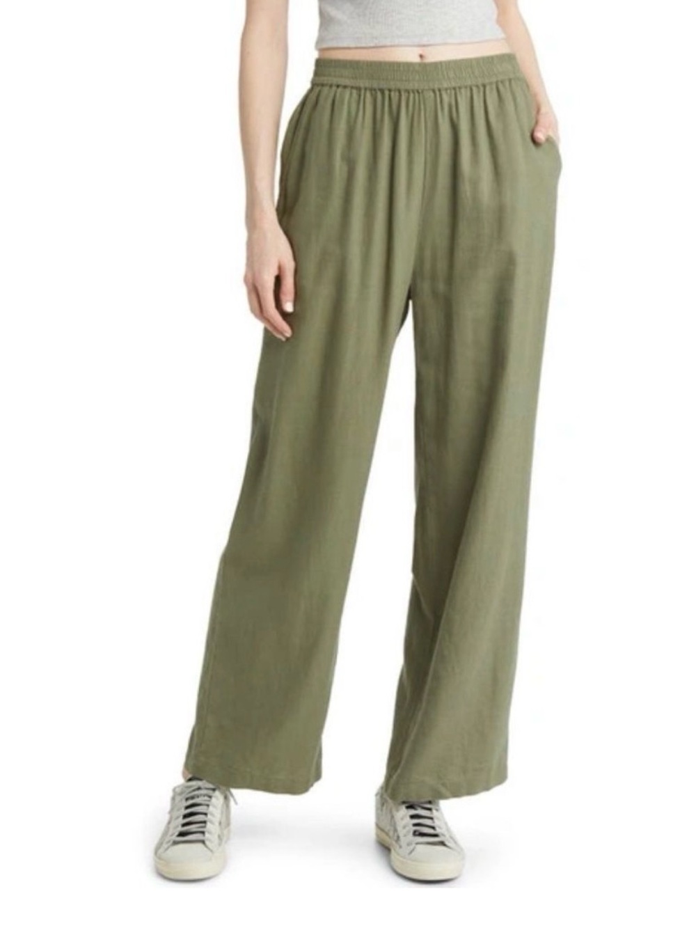 Treasure & Bond Nordstrom Olive Wide Leg Pants | Smocked Waist | Linen Blend